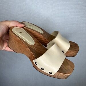 Zara Wood Platform‎ Clogs Sandals Size 39 Ivory Leather Slip On Shoes